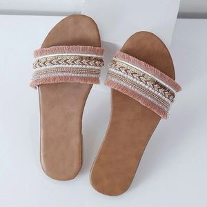 NEW - SHEIN Pink + Gold Fray Fringe Braided Slide Sandals 41